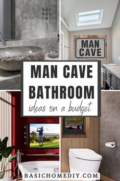 a collage of photos with the words man cave bathroom ideas on top and below