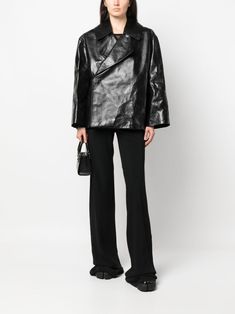 Find RICK OWENS Drella Crinkled Leather Cropped Jacket on Editorialist. black calf leather crinkled finish notched lapels off-centre front button fastening long wide sleeves two side inset pockets straight hem cropped full lining Rick Owns, Ribbed Trousers, Cropped Jacket, Wide Sleeves, Crop Jacket, Rick Owens, Black Cotton, Calf Leather