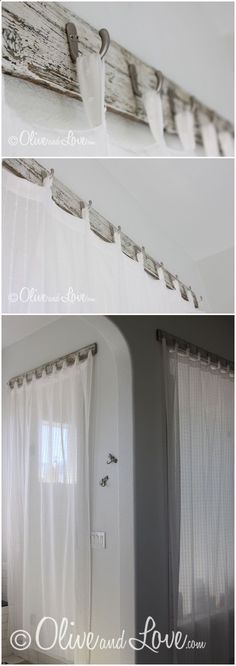 two pictures of curtains hanging on the side of a window