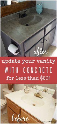 a bathroom vanity with concrete counter tops and the words, update your vanity with concrete for less than $ 20