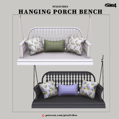 an image of a porch bench with pillows on the front and back cushions on the back