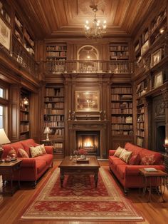 a living room filled with red couches and a fire place next to a fireplace