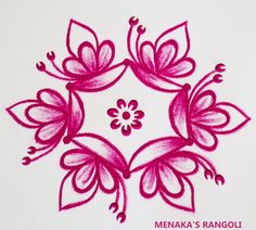 a drawing of pink flowers and leaves on a white background with the words menka's rangoli written below