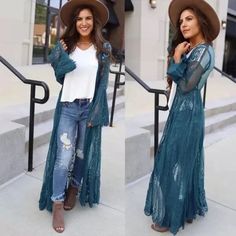 Dainty And Romantic Teal Eyelash Lace Long Duster Kimono Wrap With Long Sleeves And Tassel Trimmed Corded Tie So It Can Be Tied Closed If Desired. Perfect For A Daytime Or Evening Look And Is Also Cute As A Swim Coverup. One Size Fits Most. Material: 100% Polyester Our Boutique Is Filled With A Curated Collection Of Styles: Spell Gypsy Boho Bohemian Hippie Retro Vintage Handmade Coachella Festival Free People Anthropologie Johnny Was Urban Outfitters Western Aztec Tribal Floral Vacation Fall Win Duster Outfit, Duster Kimono, Western Aztec, Kimono Outfit, Maxi Kimono, Long Duster, Kimono Duster, Kimono Wrap, Swim Coverup