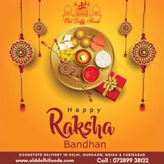 happy rahela bandhan with diwals and gifts on the plate in front of an orange background