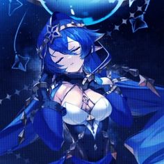 an anime character with blue hair and stars on her chest, holding onto a star shaped object