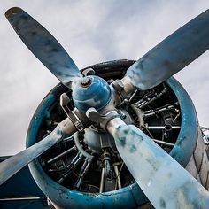 the propeller of an airplane is blue and has two large blades on it's side