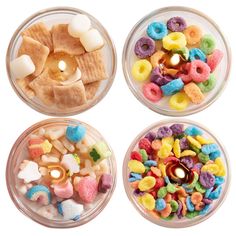 three bowls filled with different types of cereals and marshmallows next to each other