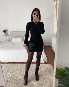 #fashion #lookbook #alllook Black Dress And Tights Outfit, Black Dress Outfit Winter, Black Skirt Outfit Winter, Full Black Outfit, Dresses With Black Tights, Casual New Years Eve Outfits, Black Skirt Outfits, Tight Black Dress, Tight Dress Outfit