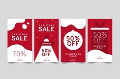 three christmas sale banners with red and white designs on the front, one has an orname