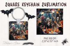 an image of halloween themed keychain with skeletons and pumpkins on it, in front of a white background