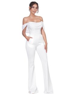 Cut from stretch crepe, this sultry jumpsuit feature side pockets, flared legs, and sleeves that drapes elegantly off the shoulders. "Sherlyn White Off Shoulder Flared Crepe Jumpsuit" Stretch Crepe/Silk Low stretch Dry Clean White Sleeveless Jumpsuit, Sleek Jumpsuit, Crepe Jumpsuit, Off Shoulder Jumpsuit, Bodycon Jumpsuit, Backless Jumpsuit, Jumpsuit Elegant, Jumpsuit Party, White Off Shoulder