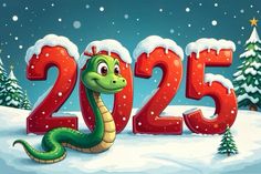 a snake near the numbers 2055 in the snow covered forest illustration for children's books