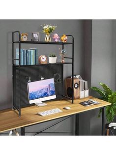 a desk with a computer on top of it next to a potted plant and bookshelf