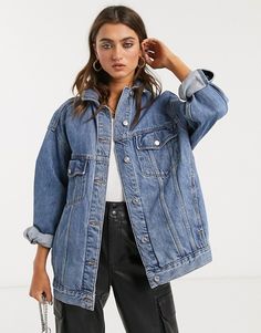 Topshop oversized denim jacket in mid wash blue | ASOS Oversized Jean Jacket Outfit, Blue Jean Jacket Outfits, Jean Jacket Outfits, Interesting Outfits, Oversized Jean Jacket, Denim Jacket Fashion, Topshop Jeans, Layered Fashion