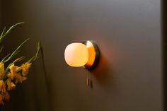 a wall mounted light on the side of a gray wall next to a vase with yellow flowers