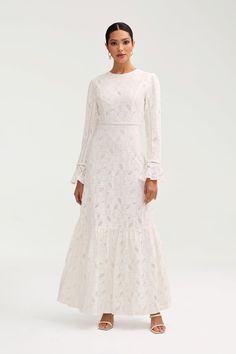 Rayaa White Lace Maxi Dress White Maxi Dress With Lace Sleeves, White Lace Maxi Dress With Lace Sleeves, Off-white Lace Maxi Dress, Vintage White Long-sleeve Maxi Dress, White Maxi Dress With Scalloped Lace V-neck, Lace Dress Classy, Dresses Flowy, White Lace Maxi Dress, White Lace Maxi