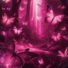 purple butterflies are flying in the air over a forest with sunlight streaming through it's branches