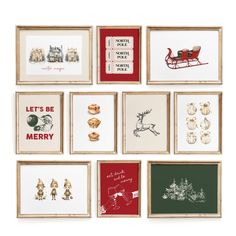 twelve framed christmas cards with santa's sleigh, reindeers and more