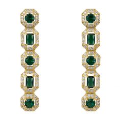 Step into a world of elegance and sophistication with the Whistledown Emerald Drop Earrings in Gold. The design features a stunning column of five lab-grown emeralds, alternating between round and rectangular cut, each one nestled in its own exquisite setting. Surrounding these vibrant gems is a halo of sparkling zirconia, capturing and reflecting light to create a mesmerizing sparkle. Want a necklace or bracelet to perfectly complement these earrings? Then elevate your ensemble with the matchin Emerald Drop Earrings, Emerald Earrings Drop, Reflecting Light, Drop Earrings Gold, August Birthstone Jewelry, July Birthstone Jewelry, Jewelry Ring Box, Pearl Jewellery Earrings, Men's Jewelry Rings