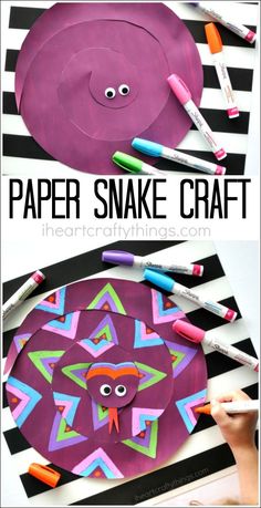 paper snake craft is shown with markers and crayons