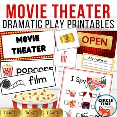 Fun movie theater dramatic play printables and activities for preschool, prek, and kindergarten! Fun props for your theater set-up with related activities that your little ones will love. You receive:26 Page PDFVariety of full color, themed signs, props, and activitiesBlack line printablesIncluded in this pack:Curtains - open and closedMarquee labels (4)Open/Closed foldable tent signName tagsDollar billsTicketsSigns for tickets, popcorn, soda, and candyPretend play props (5 pgs)Word cardsPicture Dramatic Play Movie Theater, Movie Theater Dramatic Play, Theater Dramatic Play, Dramatic Play Printables Free, Airport Dramatic Play, Movie Theatre Room, Play Printables, Dramatic Play Themes, Dramatic Play Printables