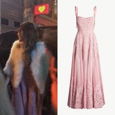 Filming 02x14 in Paris - January 8, 2019 Elie Saab "Tie-Shoulder Lace and Mesh Gown" - $4,120.00 (no longer available)  Worn with: Isabel Marant earrings, Yves Salomon jacket, Gianvito Rossi sandals Dynasty Closet, Dynasty Outfits, Gucci Shirts, Mesh Gown, Liz Gillies, Gucci Floral, Yves Salomon, Clothes Jewelry, Elizabeth Gillies