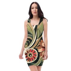 Make a statement and look fabulous in this all-over printed, fitted dress.  * 82% polyester, 18% spandex * Fabric weight: 6.78 oz/yd² (230 g/m weight may vary by 5% * Made with smooth, comfortable microfiber yarn * Material has a four-way stretch * Blank product components sourced from China This product is made especially for you as soon as you place an order, which is why it takes us a bit longer to deliver it to you. Making products on demand instead of in bulk helps reduce overproduction, so thank you for making thoughtful purchasing decisions! Fitted V-neck Patterned Mini Dress, Fitted Printed Summer Bodycon Dress, Fitted Printed Bodycon Dress For Summer, Summer Printed Fitted Bodycon Dress, Fitted Knee-length Printed Mini Dress, Knee-length Fitted Printed Mini Dress, Fitted Midi Dress With Bold Print For Spring, Spring Fitted Midi Dress With Bold Print, Fitted Green Dress With Abstract Print