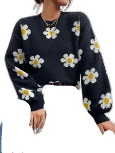 Winter Sweater With Floral Embroidery, Black Long Sleeve Sweater With Floral Embroidery, Oversized Floral Print Sweater, Floral Jacquard Sweater, Embroidered Knit Floral Sweater, Flower Sweater, Floral Type, Bishop Sleeve, Pattern Flower