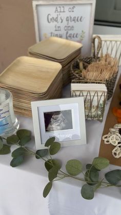 a table topped with pictures and other items