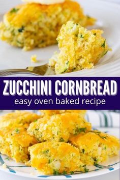 zucchini cornbread on a plate with a fork