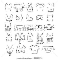 an image of women's blouses and tops drawn in black ink on white paper