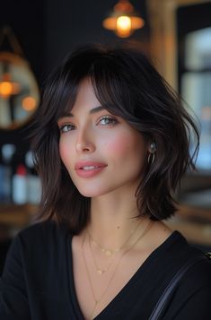 If you're on the hunt for a fresh new look that’s both trendy and versatile, you’re in the right place. Medium length hairstyles with bangs are all the rage this year, and we’re here to help you find the perfect style. From layered cuts to chic fringes, let’s explore the hottest trends of 2024 that will make heads turn Short Hair With Curtains Bangs, Short Haïr Style With Bangs, Neck Length Haircut With Bangs, Grunge Bob Haircut Bangs, Short Hair With Bangs Long Face, Dark Hair For Pale Skin And Green Eyes, Short Hair Haircuts With Curtain Bangs, Soft Layered Bob Cut, Medium Hair Fringe Bangs