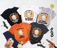 Most Likely To Halloween Matching Shirt, Family Halloween Shirt, Funny Halloween Tee, Halloween Matching T-Shirt, Matching Halloween Outfits NOTE  We will use Black design for White, Athletic Heather, Pink, Natural, Mint and Heather Peach. White design for all other colors. NOTE This is not a combo listing! Dear Customer, We're here to give you best Halloween shirt options for you. We want to make everyone smile with our cute , stylish and trendy graphic T-shirts. We can assure you this shirt will be perfect Halloween gift whether you will buy it yourself or for someone else. 1. Important Check size chart before you purchase 2. How to Order * Pick your shirt type and size Your design will be printed on the front.  *Pick your t-shirt color **note; tote bag is available in natural color only Matching Halloween Outfits, Halloween Matching, Matching Halloween, Halloween Shirts, Halloween Tees, Funny Halloween, Matching Shirts, Halloween Gift