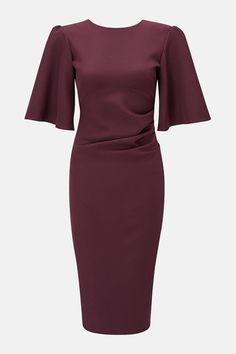 Style: Pencil DressDesign: PlainFabric: Joules CrepeLength: MidiNeckline: CrewSleeve Length: Strappy Hen Do Outfits, Versatile Dresses, Crepe Dress, Split Hem, Accessories Branding, High Neckline, Quick Delivery, Cut And Color, Flared Sleeves