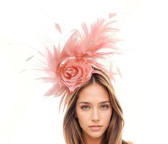 Coral Feather Statement Hatinator Kentucky Derby Fascinator Womens Ascot Headwear Ladies Day Hats Formal Occasion Headpiece High Tea Party Hats By Cressida Kentucky Derby & Ascot Fascinator Hats Spring Summer Hat & Fascinator Collection A mass of of coral feathers surround a coral rose Main body about 6-7 inches wide This coral pink headwear is mounted with a matching headband. If you prefer a headband to match your hair, please make a note at check out what colour headband you want. This fascin Kentucky Derby Fascinator, Ladies Luncheon, High Tea Party, Feather Headpiece, Derby Fascinator, Hat Fascinator, Coral Rose, Spring Racing, Tea Party Hats