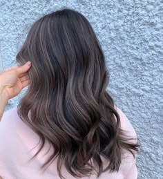 Cool Dark Brown Balayage, Ash Balayage On Black Hair, Black Hair With Ashy Highlights, Ashy Brown Highlights On Dark Hair, Subtle Blonde Highlights On Dark Hair, Ashy Dark Brown Hair, Ash Brown Hair Ideas, Brown Bayalage Hair, Ashy Brown Hair Balayage