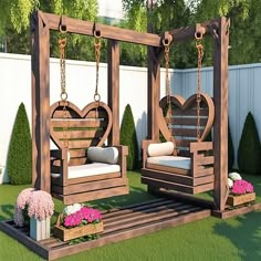 a wooden swing set with cushions and pillows on it in the grass next to flowers