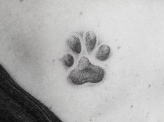 a black and white photo of a dog's paw print on the back of a man's chest