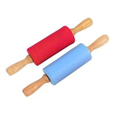 two wooden rolling pins with red and blue handles