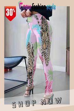 Pink Fashion Casual Print Frenulum Skinny High Waist Pencil Trousers Chic Printed Pink Bottoms, Chic Pink Printed Bottoms, Trendy Pink Printed Bottoms, Printed Bottoms For Spring Party, Elegant Fitted Printed Bottoms, Spring Party Bottoms With Printed Details, Trendy Fitted Printed Bottoms, Chic Printed Party Bottoms, Printed Party Pants For Spring