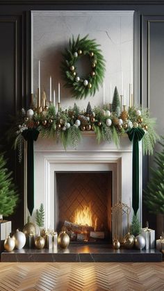 a fireplace decorated for christmas with greenery and gold balls on it's mantle