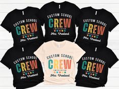 This Custom School Crew Shirt is completely customizable for your school or organization. This would make a great back to school t-shirt for grade levels and department teams.  What a fun way to celebrate the first day of school with these groovy staff shirts which can be personalized with teacher names. This school spirit shirt is perfect for showcasing your team spirit on the first day of school or Back to School Night. This would make a great teacher gift or staff gift. Unite as a team and stand out! See personalization box for specific instructions. **GET 60% OFF NOW BY SIGNING UP FOR MY VIP CLUB! Open a new tab in your web browser and go to JTMCLUB.COM for instant savings! This is a 5-star rated shop so you can shop with confidence that your satisfaction is my top priority.  Please se Customizable Crew Neck School T-shirt, Customizable Cotton T-shirt For School Spirit, Cotton T-shirt With Team Name For School Events, Pre-shrunk Black Shirt For School Events, School Spirit T-shirt With Team Name For School Events, Customizable Crew Neck T-shirt For School Events, Customizable Casual T-shirt For Back To School, Customizable School Spirit T-shirt For Back To School, Customizable Short Sleeve T-shirt For School Events