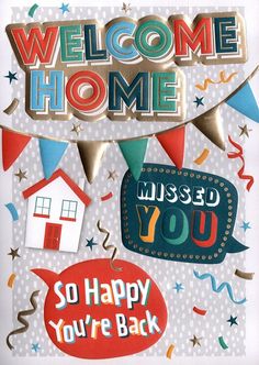 an image of a welcome home card with balloons and confetti on the side