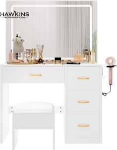 an image of a white vanity with gold handles and drawers on it's side