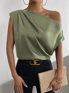 Lasaky - Satin Solid Color Off-Shoulder Asymmetric Neck Tank Top Blouse Batwing Sleeve Blouse, Tank Top Blouse, Brown Outfit, Linen Pants Women, Off Shoulder Top, Round Neck Tops, Women Sleeve, One Shoulder Tops, Green Satin