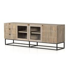 the sideboard is made out of wood and has two open compartments on one side