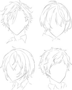 four different views of the head of an anime character, each with short hair and one without