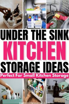 Looking for kitchen organization hacks to organize under your kitchen sink? These 15 kitchen storage hacks will ensure your low kitchen cabinets are easily accessible and your cleaning supplies are perfectly organized. This post shares idea about decluttering kitchen cabinets, DIY Kitchen organization ideas, cleaning supply organization and kitchen storage ideas for small spaces. Read the full post to learn the best kitchen storage solutions for that tiny space under your kitchen sink! Small Apartment Kitchen Storage Ideas, Apartment Kitchen Storage Ideas, Kitchen Hacks Diy, Apartment Hacks Organizing, Small Apartment Hacks, Apartment Kitchen Organization, Small Kitchen Hacks