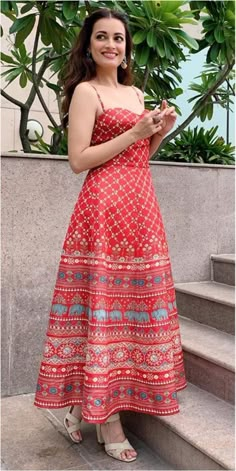 Dia Mirza Outfits, Yellow Aesthetic Dress, Anita Dongre Dresses, Anita Dongre Dress, Dongre Dress, Red Dress Indian, Red Traditional Dress, Red Indian Dress, Indian Print Dress